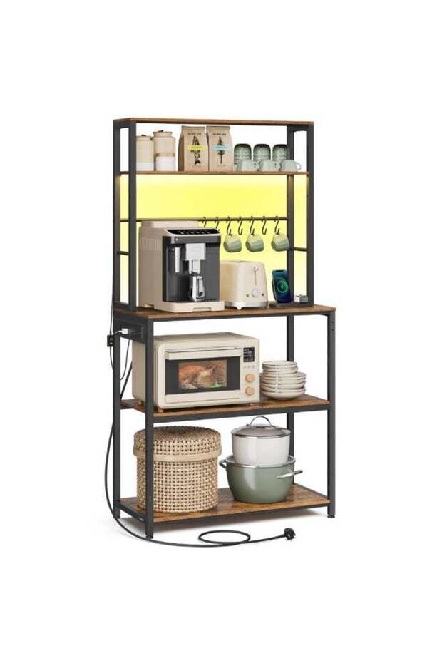 Kitchen Storage Rack with Power Outlet, Coffee Bar, Baker's Rack, with Metal Wire Panel, 14