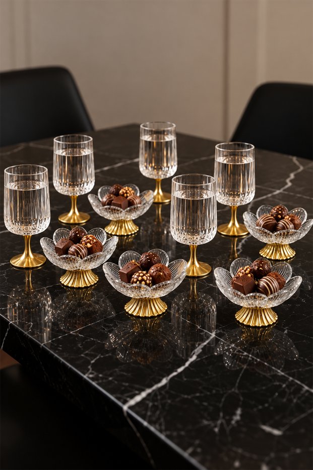 12-Piece Glass Lotus Flower Patterned Presentation Turkish Delight Bowl and Coffee Side Water Glass with Gold Feet - Coffee Side Snack and Candy Bowl, Goblet Serving Set
