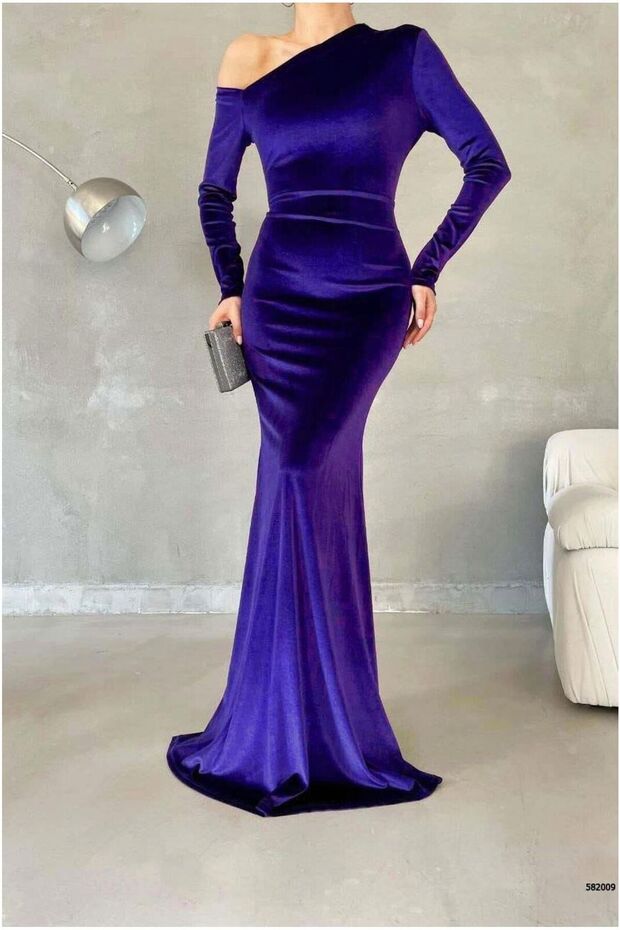 Velvet Dress Maxi Evening Dress Collar Fabric Asymmetrical · Color: Gray · Size: m Bsk2026