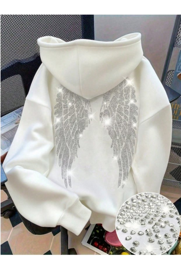 Unisex Wing Stone Printed 3 Thread Threaded Oversize Hooded Sweatshirt
