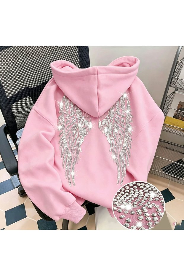 Unisex Wing Stone Printed 3 Thread Threaded Oversize Hooded Sweatshirt