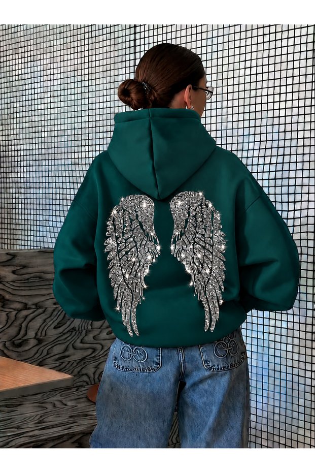 Women's Oversize Hooded Sweatshirt with Stone Back and Wing Print, 3 Thread Raster Printing