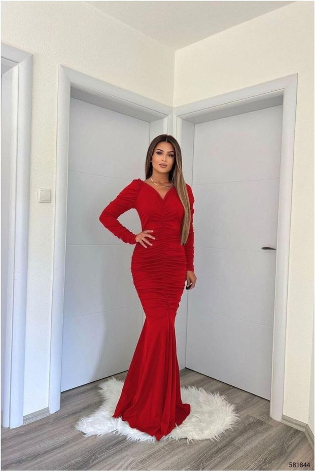 Crepe Evening Dress, V-Neck, Fishtail Cut · Color: Red · Size: M BX