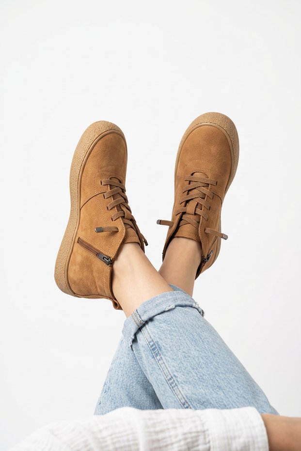 Neros Rubber Tied Zippered Genuine Leather Women's Daily Boots Brown Nubuck