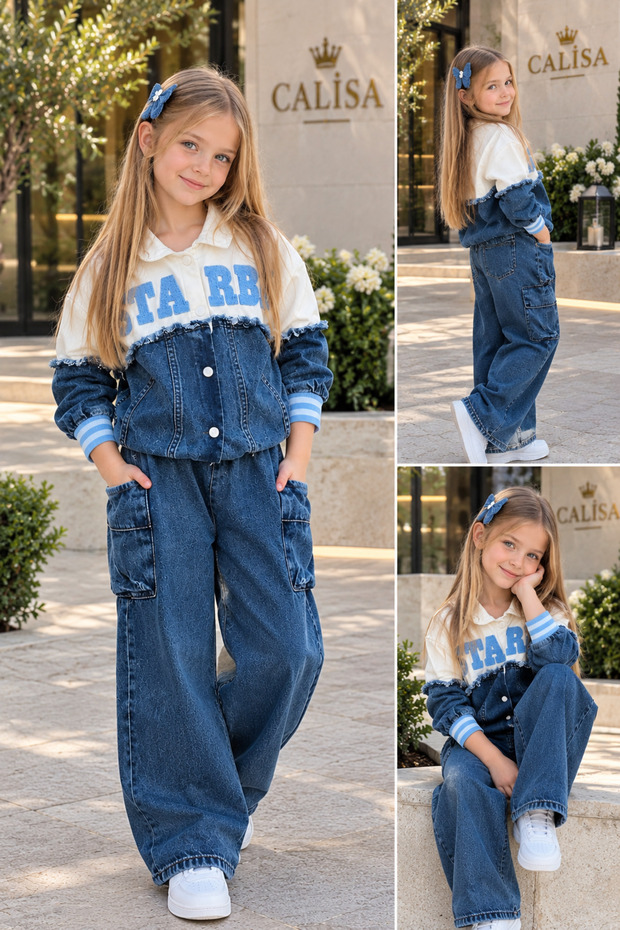 Girl's 2-Piece Set | Jacket and Denim Cargo Pants 5-14 Years | Stylish Combination