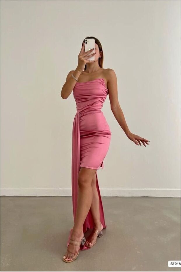 Satin Slit Dress Evening Dress Midi Strapless Fabric · Color: Pink · Size: L Bsk2026