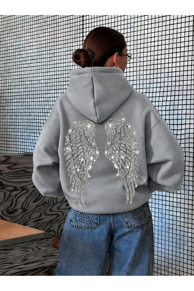 Women's Oversize Hooded Sweatshirt with Stone Back and Wing Print, 3 Thread Raster Printing