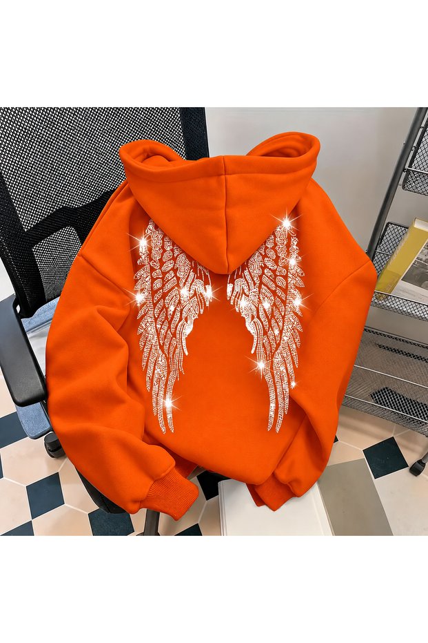 Unisex Wing Stone Printed 3 Thread Threaded Oversize Hooded Sweatshirt