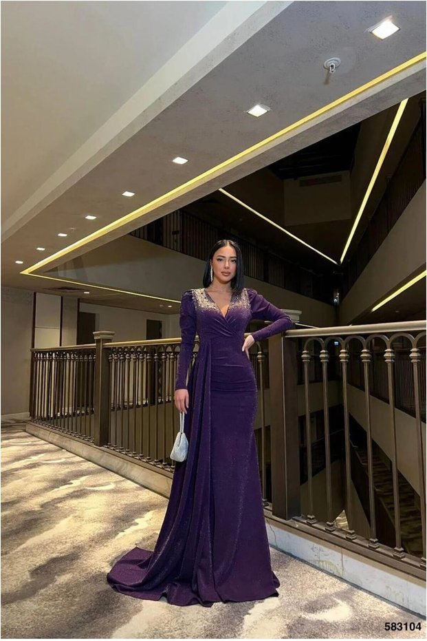 Double-Breasted Long Stone Evening Gown with Wrap Neckline and Sleeve Detail · Color: Emerald · Size: M BX