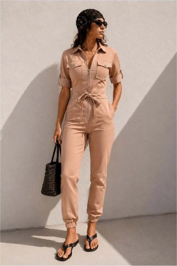 Crepe Jumpsuit with Sleeves and Short Belted Fabric · Color: Plum · Size: m Bsk2026