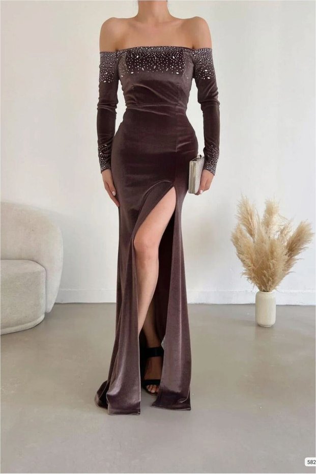 Flexible Slit Velvet Dress with Sleeves Evening Gown Long Fabric · Color: Petrol · Size: S Bsk2026