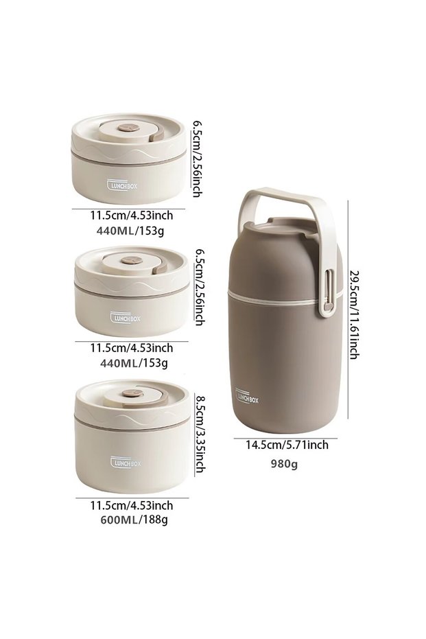 3pcs-Brown set 304 Stainless Steel Insulated Lunch Box with Storage Bag Portable Double-layer Covere