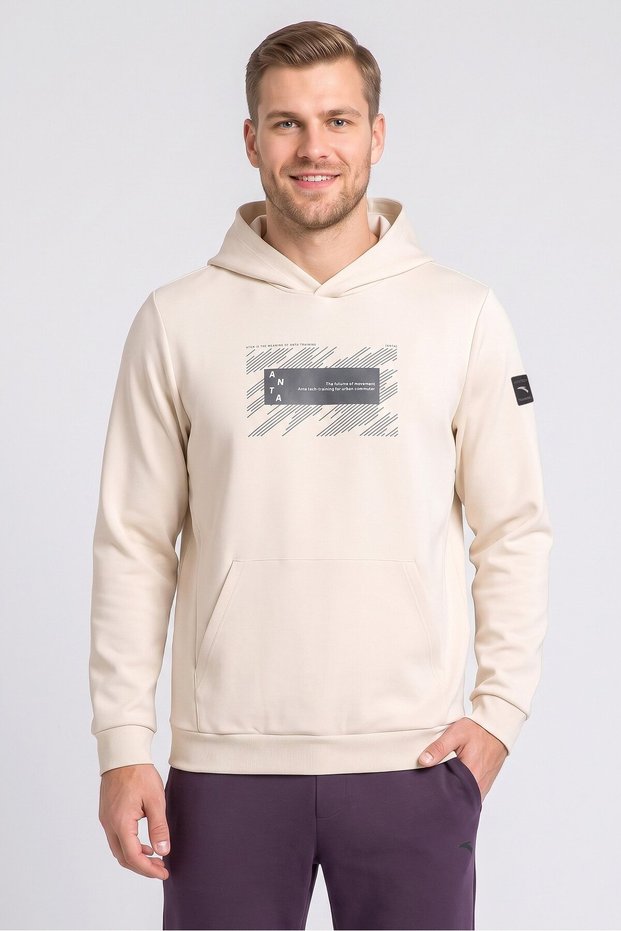 Men Sportswear Fit Graphic Print Outdoor Hoodie, Beige