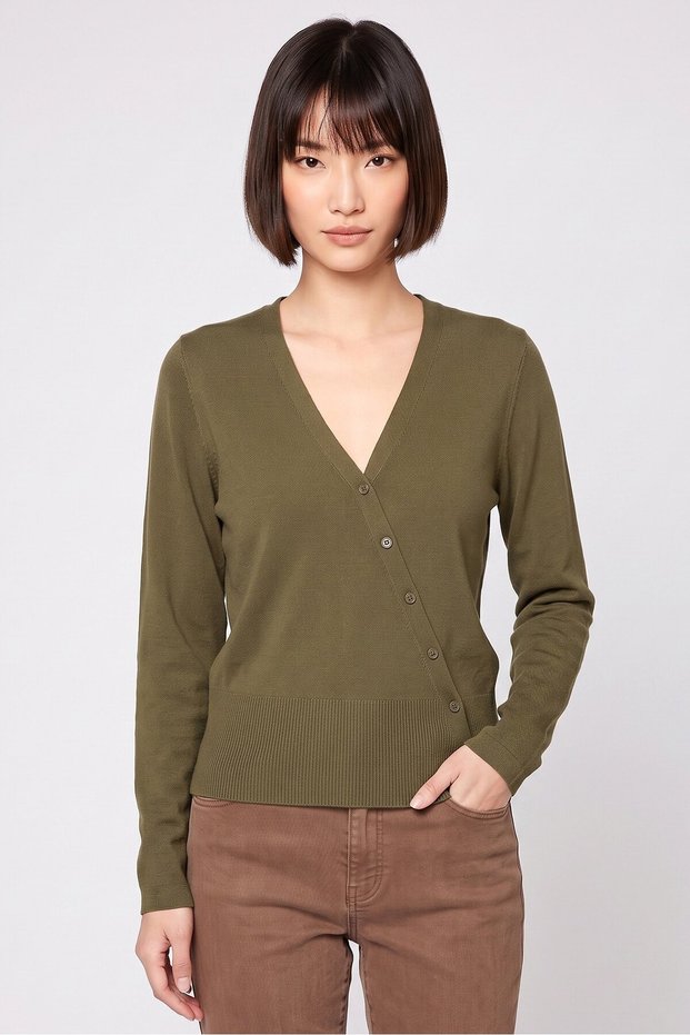 Women V Neck Long Sleeve Knitted Cardigans, Olive