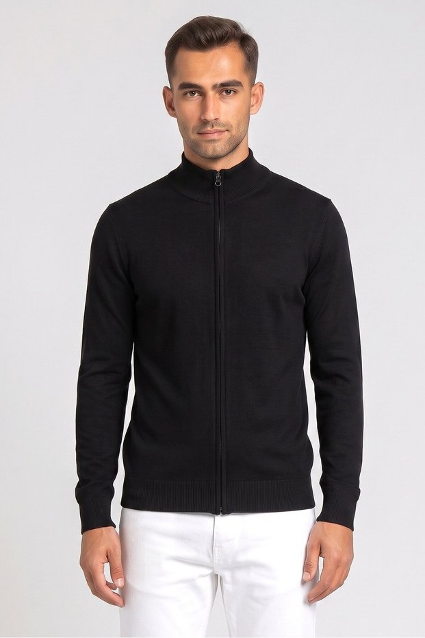 Men High Neck Long Sleeve Knitted Full Zip Sweater, Black