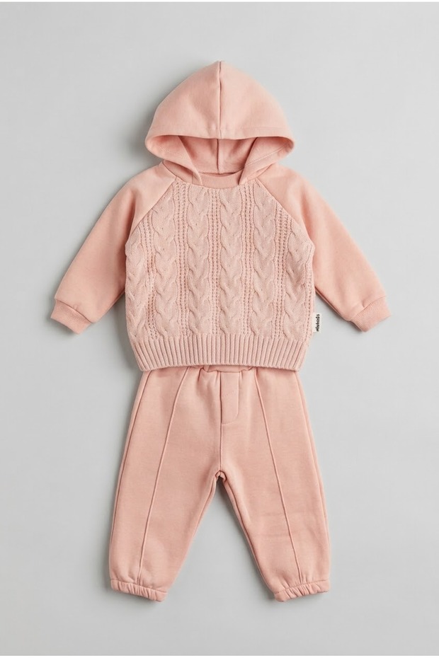 Baby Girl Knitted Patterned Knitwear Detailed Hooded Tracksuit Set