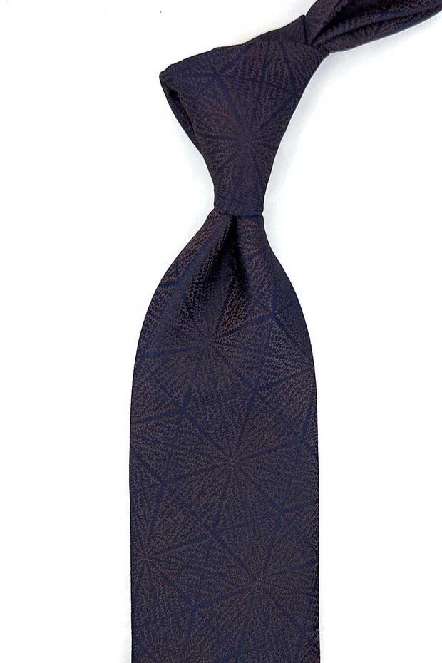 Navy Blue Brown Motif Pattern Classic Tie with Handkerchief Kk14149