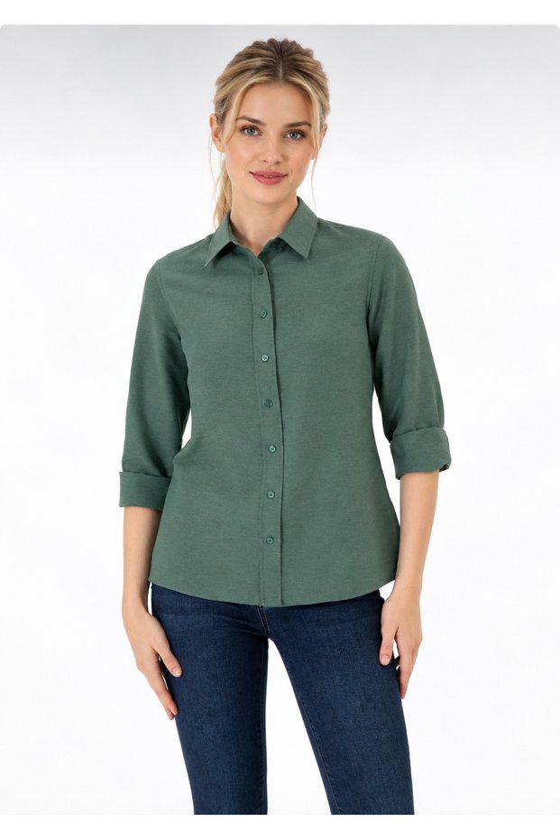 Women's Dark Green Long Sleeve Slim Shirt.