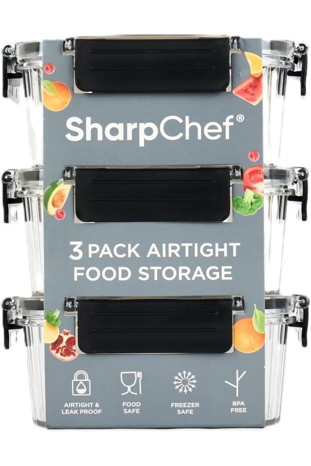 Sharp Chef 3-Piece Airtight Food Storage Container Set, Clear Ribbed Design with Locking Lids, Leakproof, BPA-Free, Freezer Safe, for Meal Prep, Leftovers and Snacks