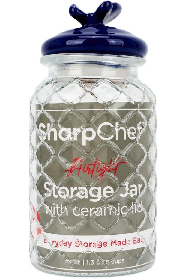 Sharp Chef Airtight Storage Jar with Blue Ceramic Lid, 1.3 Liter, Clear Textured Kitchen Canister for Tea, Coffee, Sugar and Snacks