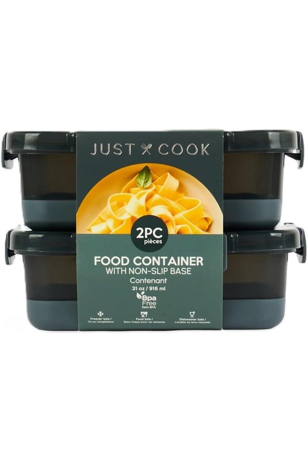 Just Cook Locktop Food Storage Containers, 2 Pieces, 916 ml, Dark Grey, Non-Slip Base, BPA-Free, Freezer and Dishwasher Safe