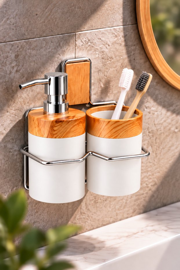 Wall Mounted Liquid Soap Dispenser and Toothbrush Holder Set, 2-Pack Bathroom Organizer with Wooden Detail
