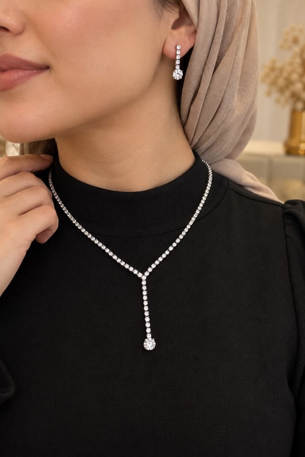 Women's Necklace Earring Set with Stones Silver Color Elegant Evening Dress Jewelry Set