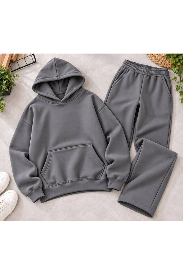 Unisex Plain Basic Hooded Oversize Tracksuit Set - Two-Piece Cotton Set with Kangaroo Pockets