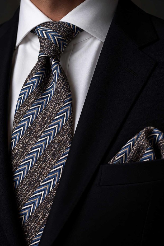 Beige Blue Herringbone Pattern Classic Tie with Handkerchief Kk14158