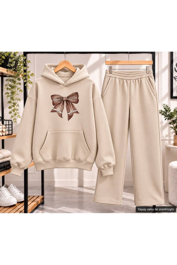 Women's Ribbon Printed Hooded Oversized Tracksuit Set - Relaxed Fit Two-Piece Set with Kangaroo Pockets