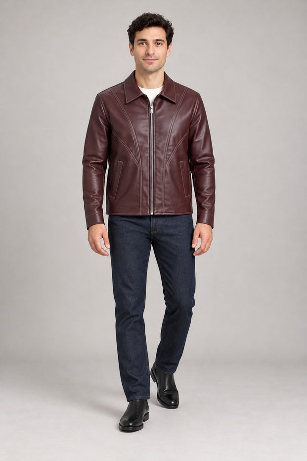 Men's Burgundy Zippered Regular Fit Fur-Lined Jacket