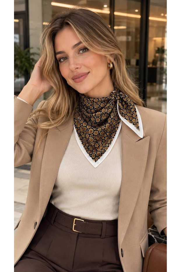 Brown Micro Floral Patterned Cotton Women's Scarf 70X70 cm