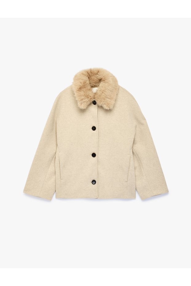 Buttoned Long Sleeve Short Cashmere Coat with Pockets and Detachable Faux Fur Collar
