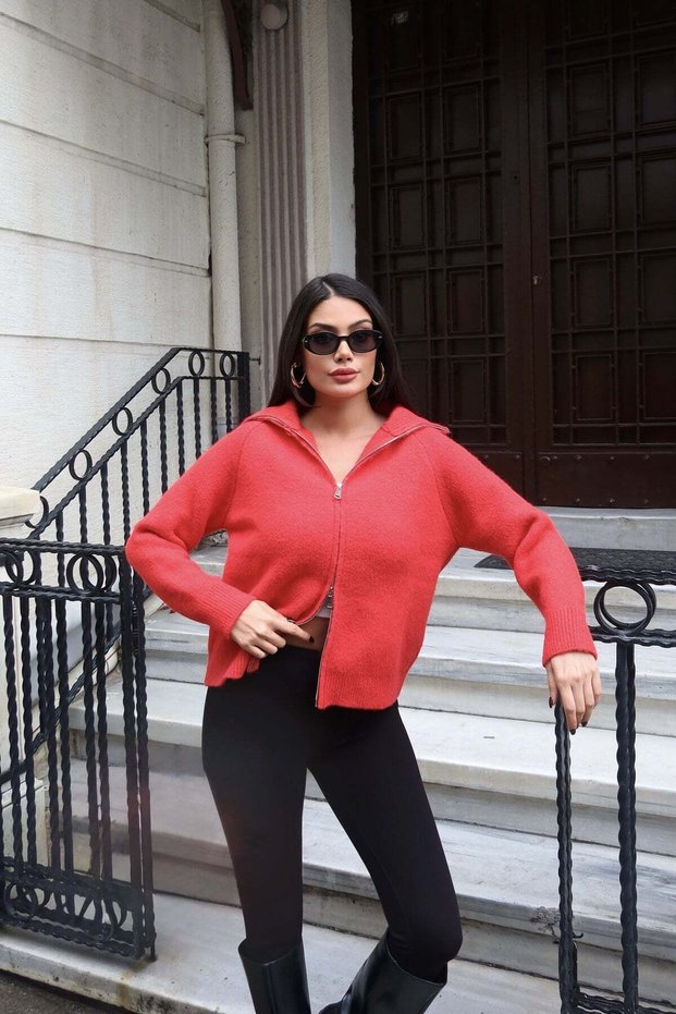 Double Zippered Knitwear Cardigan Red