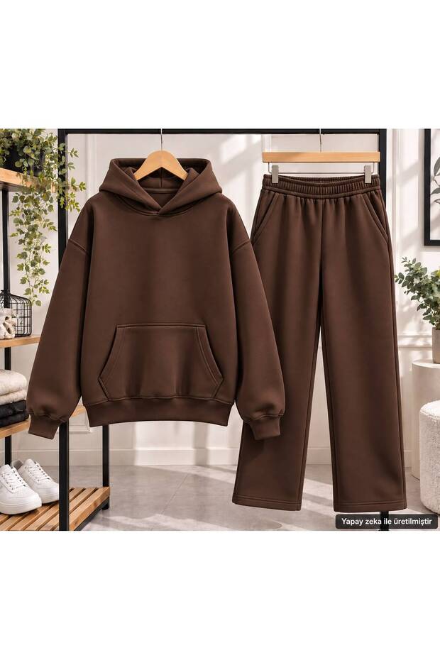 Unisex Plain Basic Hooded Oversize Tracksuit Set - Two-Piece Cotton Set with Kangaroo Pockets