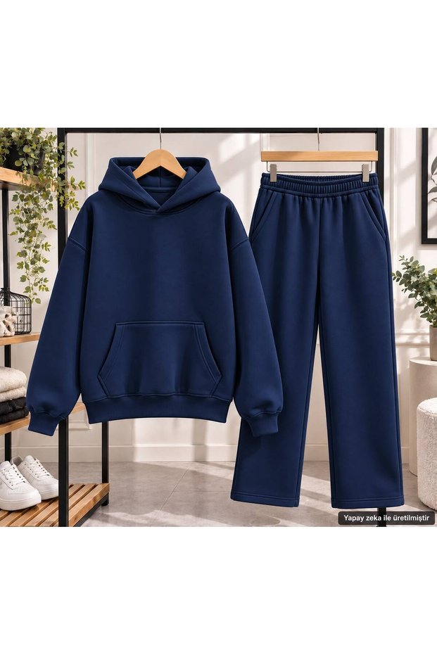 Unisex Plain Basic Hooded Oversize Tracksuit Set - Two-Piece Cotton Set with Kangaroo Pockets