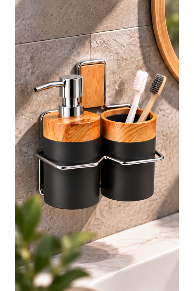 Wall Mounted Liquid Soap Dispenser and Toothbrush Holder Set, 2-Pack Bathroom Organizer with Wooden Detail