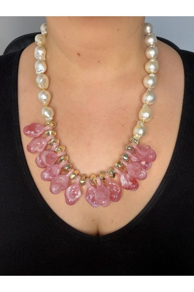 Pink Glass Drop Detailed Chunky Pearl Women's Necklace