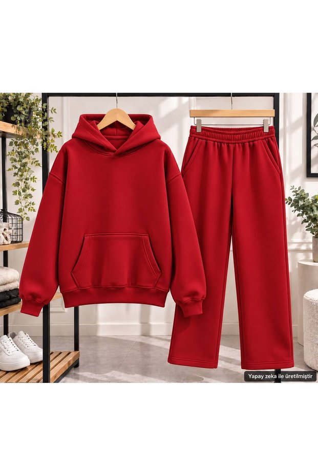 Unisex Plain Basic Hooded Oversize Tracksuit Set - Two-Piece Cotton Set with Kangaroo Pockets