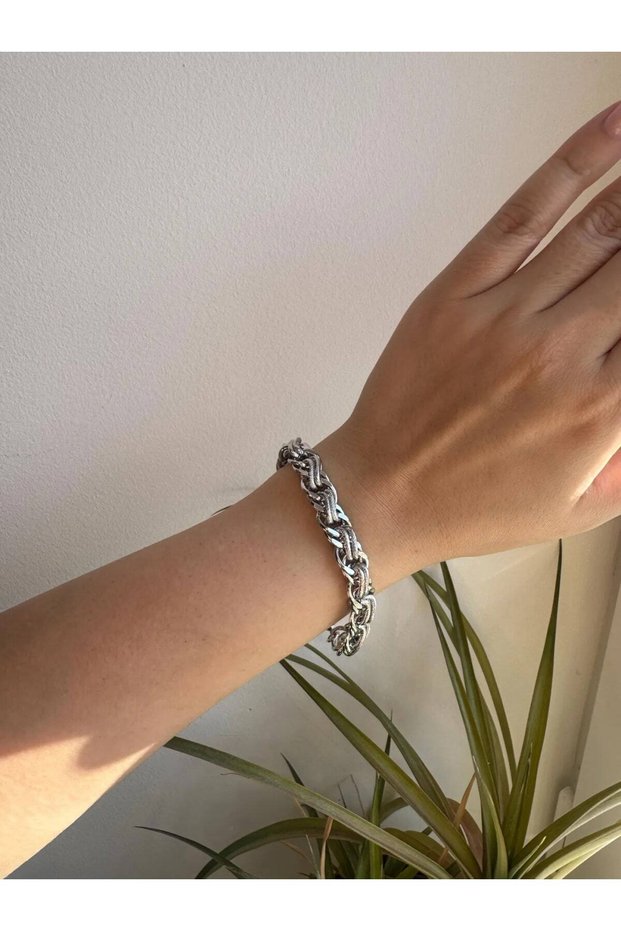 Knitted Patterned Thick Stainless Steel Silver Color Bracelet