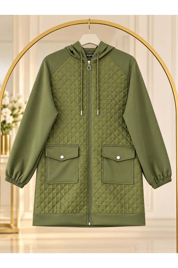 Women's quilted hijab-approved scuba jacket with trim - khaki