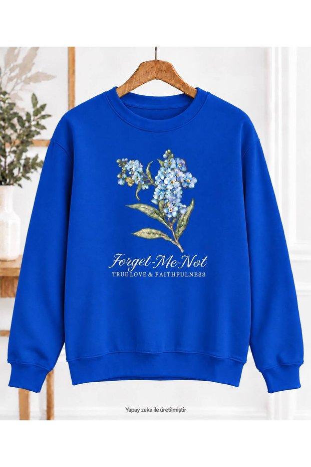 Women's Forget-Me-Not Floral Printed Crew Neck Sweatshirt - Oversized Sweatshirt with Typography Pattern