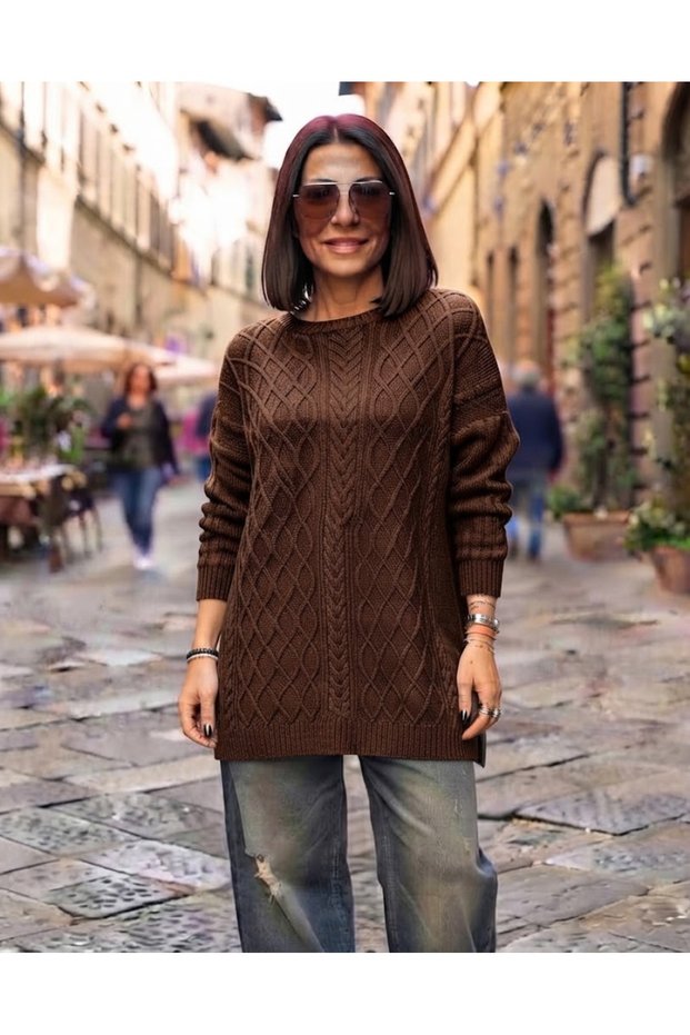 Women's Round Neck Knitted Sweater, Antique/Washed, 100% Cotton Knitwear, Buluz