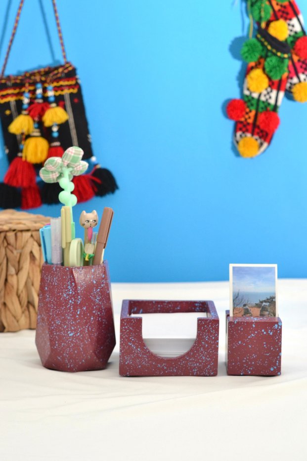 Burgundy Blue Fan Office Set Pen Holder Notepad Holder Business Card Holder Desktop Organizer (3 Pieces)