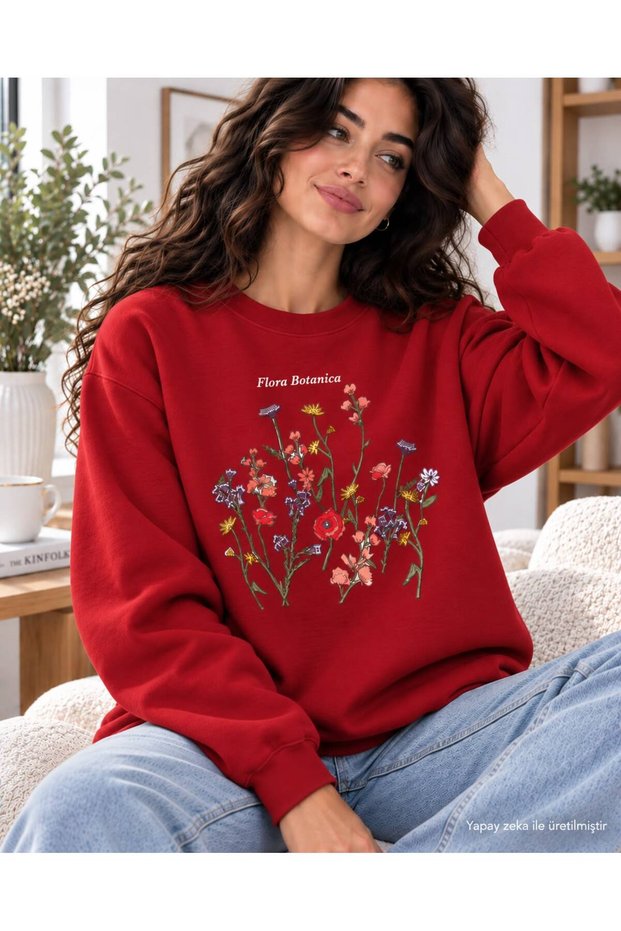 Women's Botanical Flower Field and Text Graphic Print Oversized Sweatshirt - Crew Neck Drop Shoulder Winter Sweatshirt