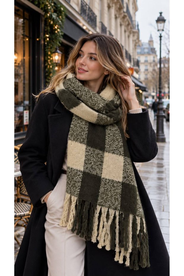 Khaki Plaid Patterned Soft Textured Tasseled Thick Scarf Shawl 210X43 cm