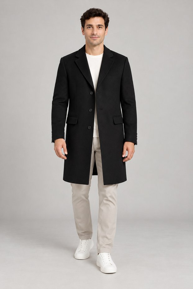 Men's black slim fit cashmere coat classic collar long cut winter overcoat
