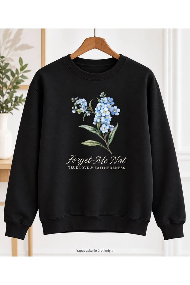 Women's Forget-Me-Not Floral Printed Crew Neck Sweatshirt - Oversized Sweatshirt with Typography Pattern