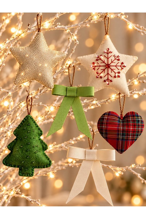 Set of 6 Handmade Christmas Tree Ornaments - Fabric Star, Pine Tree, and Bow Details.