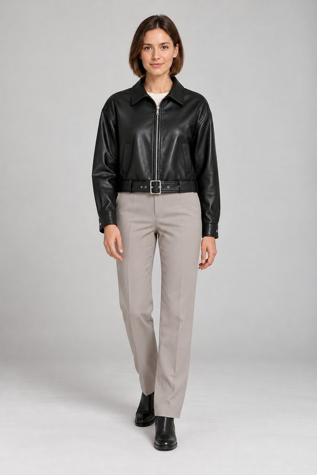 Women's black leather jacket - belt detailed oversize leather jacket
